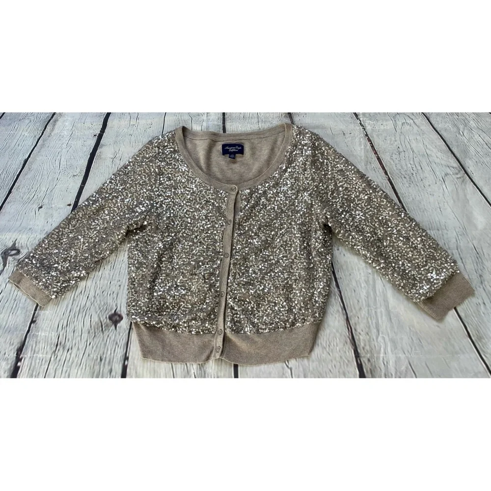 American Eagle Taupe Silver Sequin Cardigan Sweater